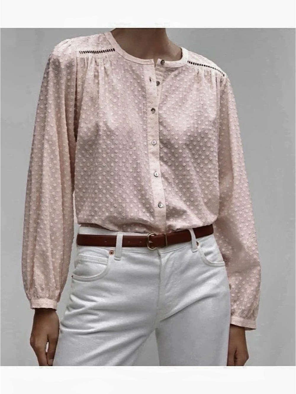 MANGO Dobby Woven Lace Detailed Cotton Shirt Blouse Top Pink Size 4 / Small